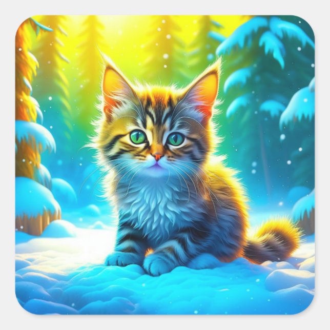 Cute Gray Christmas Kitten Playing in the Snow Square Sticker (Front)