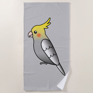 Cute Gray Cockatiel Cartoon Bird Illustration Beach Towel