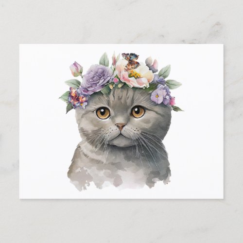 Cute Gray Color Cat with Flowers  Butterflies  Postcard