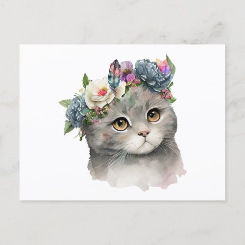 Cute Gray Color Cat with Flowers Cat Lover  Postcard