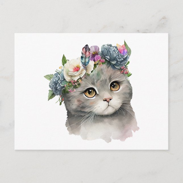 Cute Gray Color Cat with Flowers Cat Lover  Postcard (Front)
