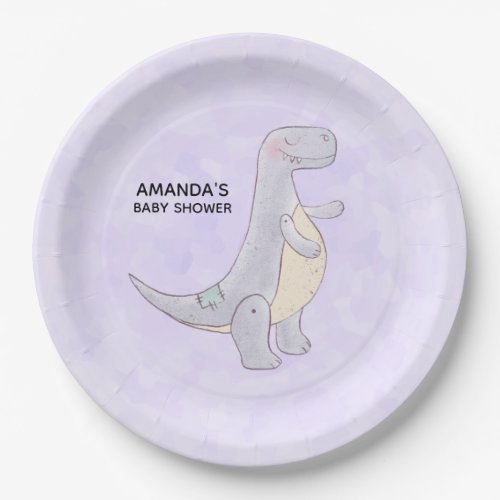 Cute Gray Dinosaur Toy Watercolor Baby Shower Paper Plates