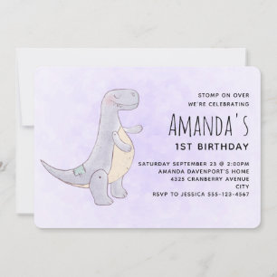 Cute Gray Dinosaur Toy Watercolor Birthday Invitation