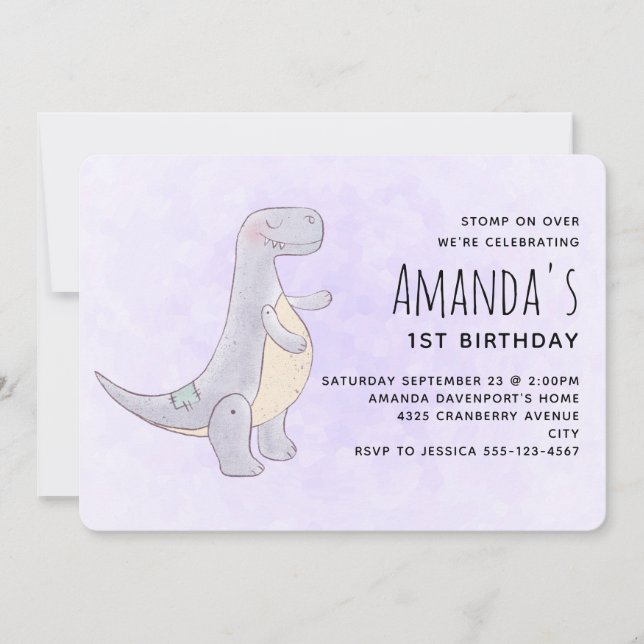 Cute Gray Dinosaur Toy Watercolor Birthday Invitation (Front)