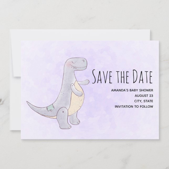 Cute Gray Dinosaur Toy Watercolor  Save The Date (Front)