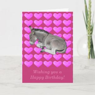 Cute gray donkey on pink hearts birthday card