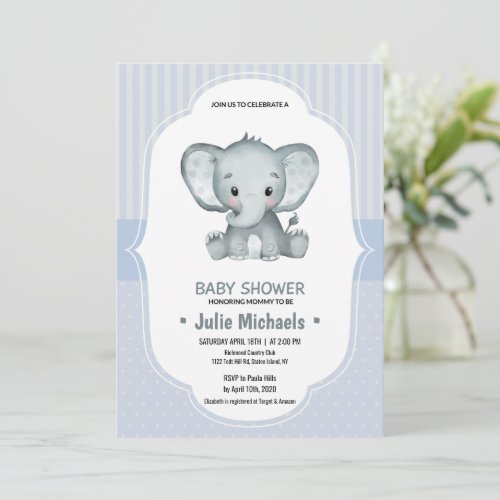 Cute Gray elephant Baby Shower Invitation