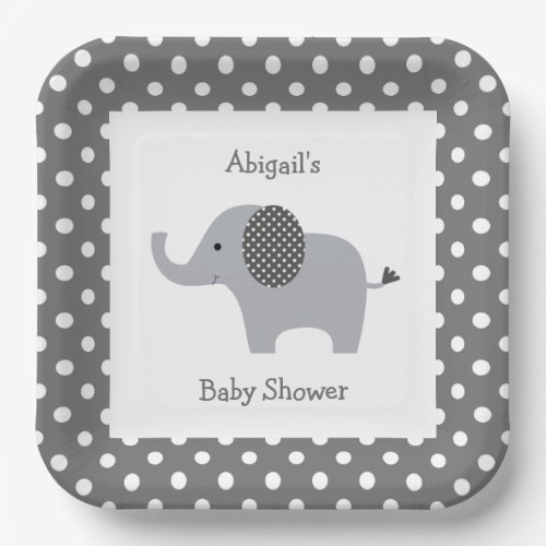 Cute Gray Elephant Baby Shower Paper Plates