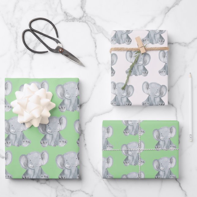 Cute Gray Elephant Design Wrapping Paper (Front)