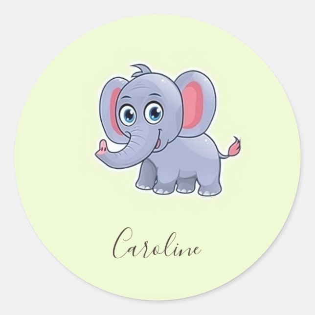 Cute gray elephant green classic round sticker (Front)
