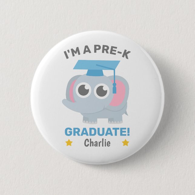 Cute Gray Elephant, I am a Pre-K Graduate, Button (Front)