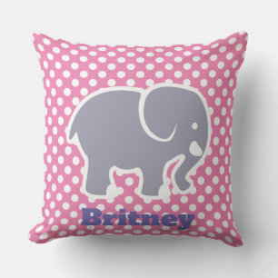 Cute Gray Elephant On Polka Dot pattern Monogram Throw Pillow