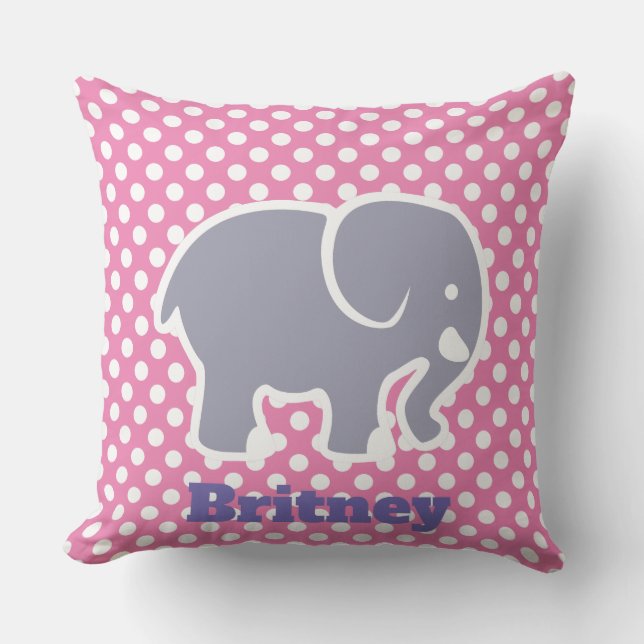 Cute Gray Elephant On Polka Dot pattern Monogram Throw Pillow (Front)
