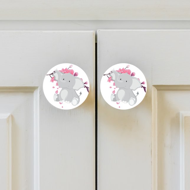 Cute Gray Elephant Pink Japanese Cherry Blossoms Ceramic Knob (Creator Uploaded)
