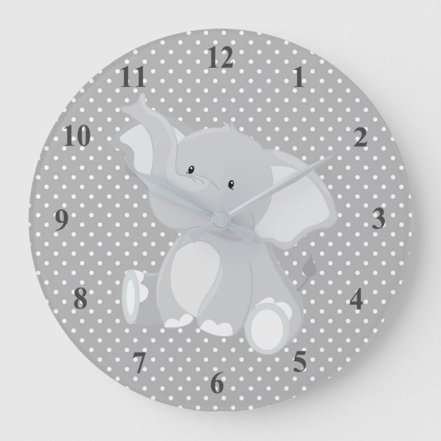 Cute Gray Elephant Polka Dots Nursery Large Clock (Front)