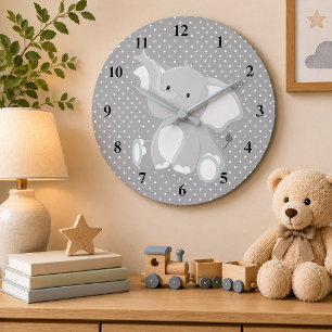 Cute Gray Elephant Polka Dots Nursery Large Clock