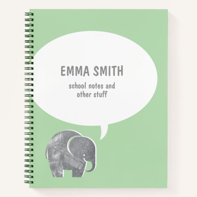 Cute Gray Elephant Speech Bubble on Green Kids Notebook (Front)