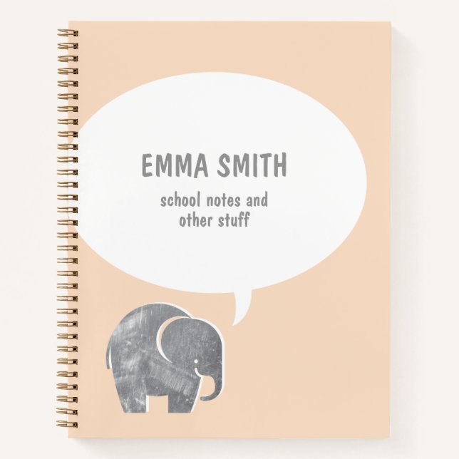 Cute Gray Elephant Speech Bubble Pale Orange Kid Notebook (Front)