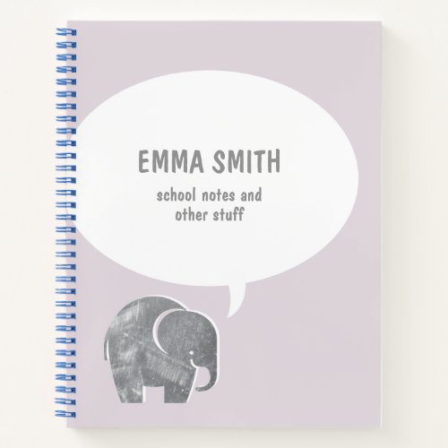 Cute Gray Elephant Speech Bubble Soft Purple Kid  Notebook