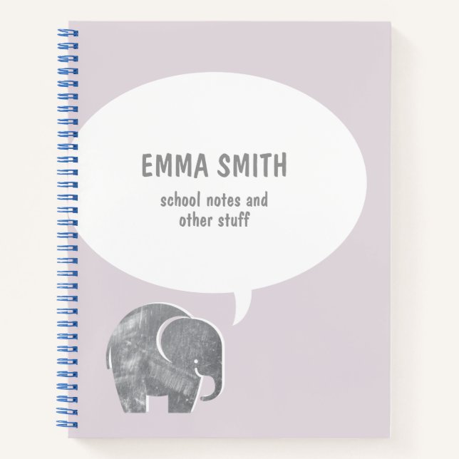 Cute Gray Elephant Speech Bubble Soft Purple Kid  Notebook (Front)