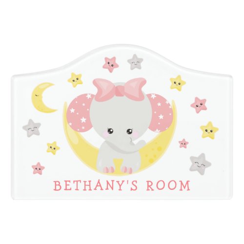 Cute Gray Elephant Stars Moon Name Baby Girl Door Sign