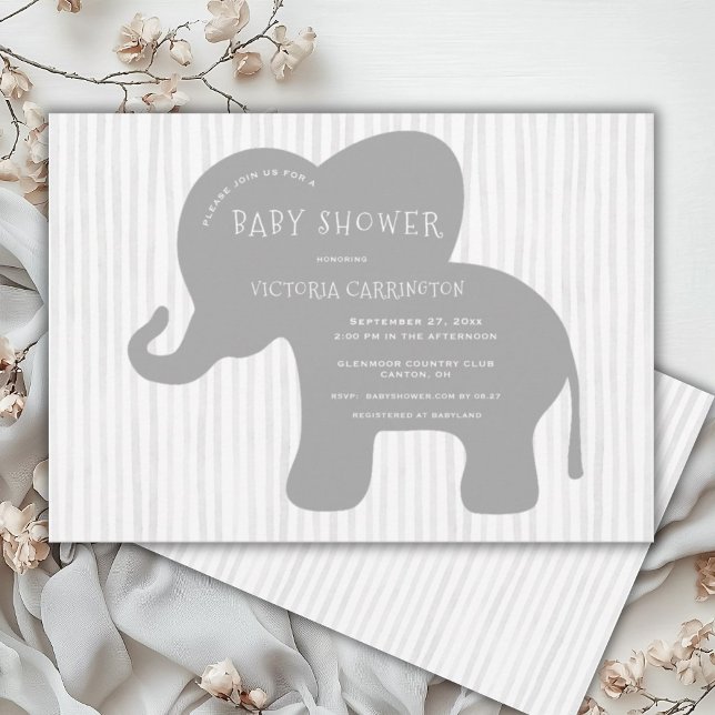 Cute Gray Elephant Stripe Baby Shower  Invitation (Creator Uploaded)