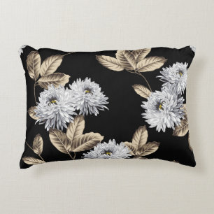 cute gray flowers with brown leaf pattern on black accent pillow