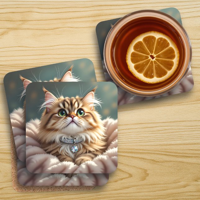 Cute Gray Fluffy Tabby Cat with Diamond Collar Beverage Coaster (Creator Uploaded)