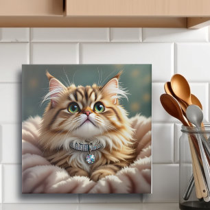 Cute Gray Fluffy Tabby Cat with Diamond Collar Ceramic Tile