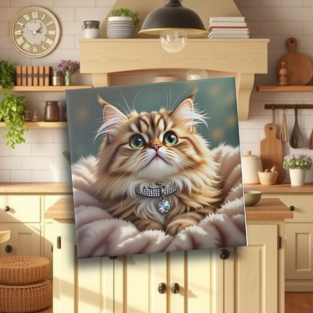Cute Gray Fluffy Tabby Cat with Diamond Collar Ceramic Tile (Creator Uploaded)