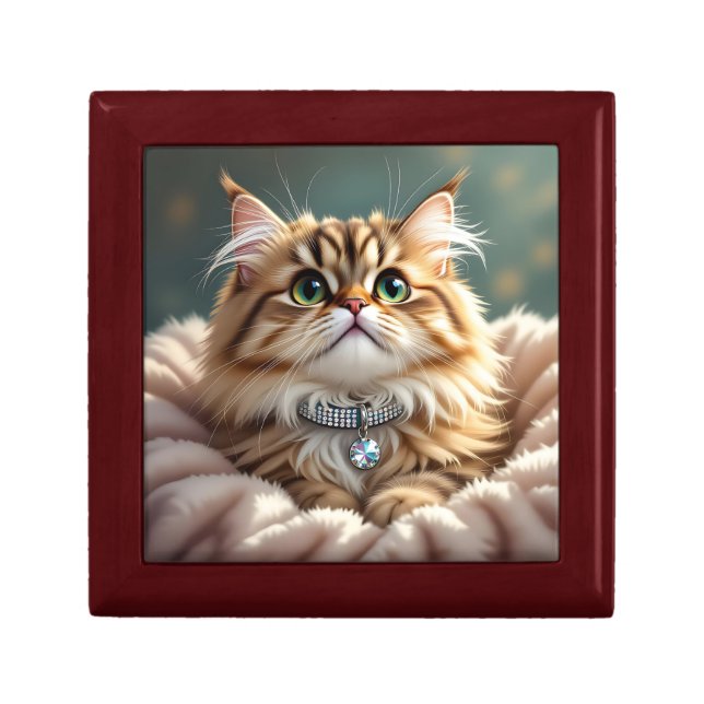 Cute Gray Fluffy Tabby Cat with Diamond Collar Gift Box (Front)