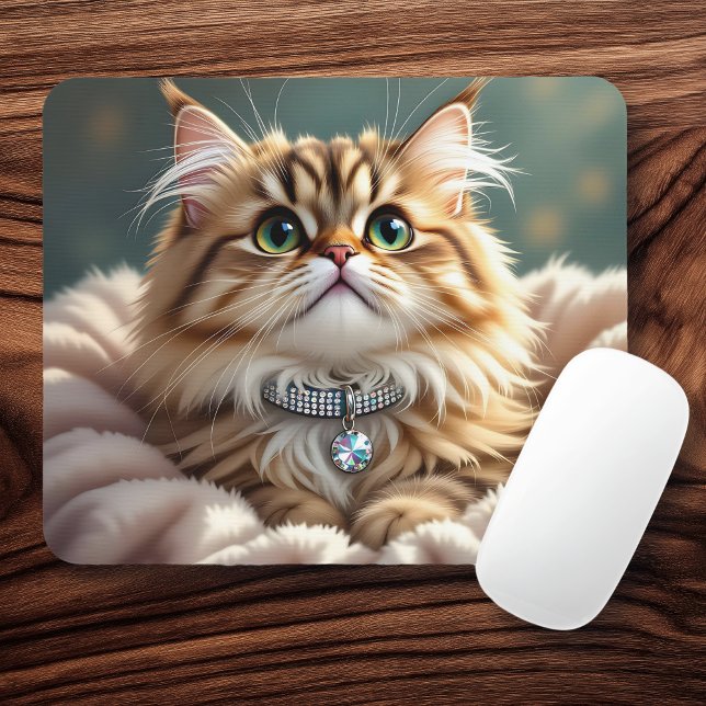 Cute Gray Fluffy Tabby Cat with Diamond Collar Mouse Pad (Creator Uploaded)