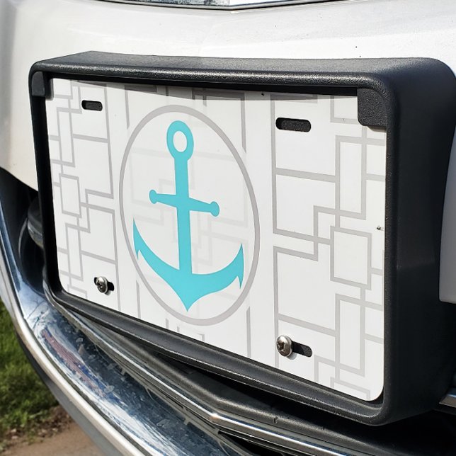 Cute Gray Geometric Pattern Teal Anchor Car License Plate (Creator Uploaded)