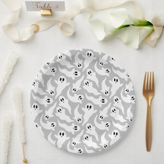 Cute Gray Ghost Halloween Pattern Paper Plates (Wedding)