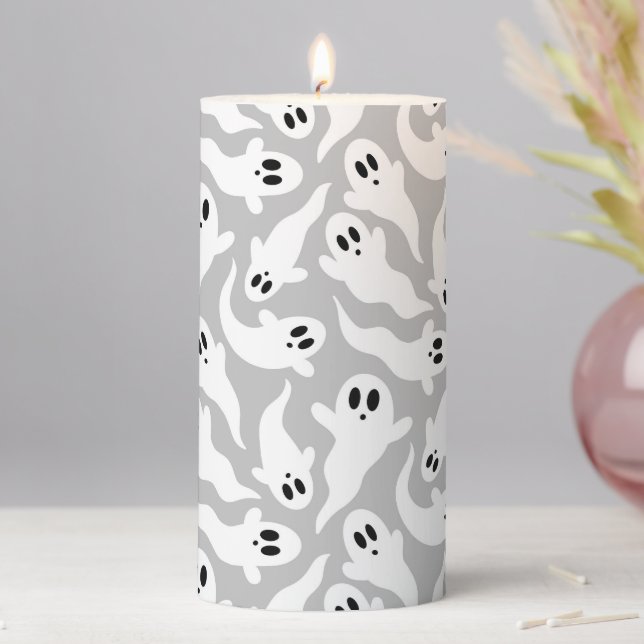 Cute Gray Ghost Halloween Pattern Pillar Candle (In Situ)