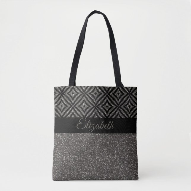 Cute Gray Glitter Black Pattern Pesonalized Tote Bag (Front)