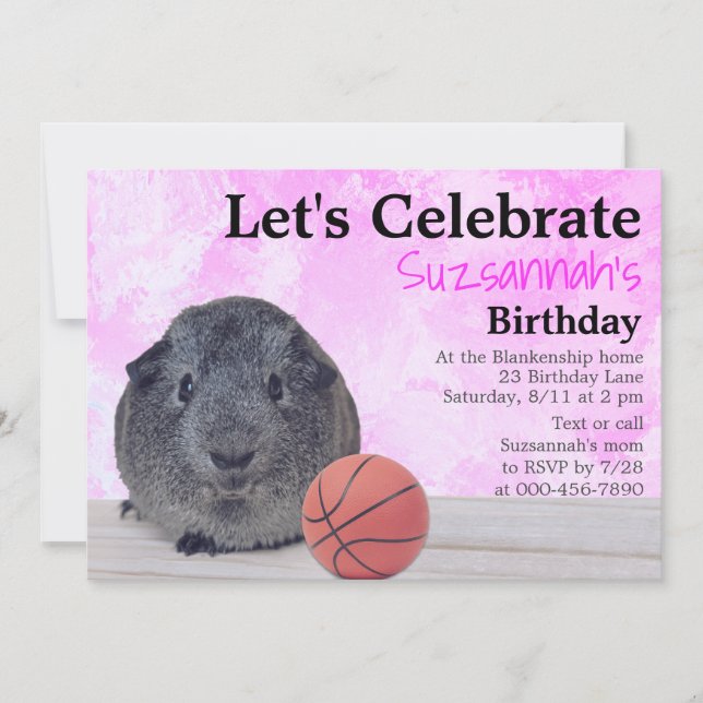 Cute Gray Guinea Pig Basketball Custom Party Invit Invitation (Front)