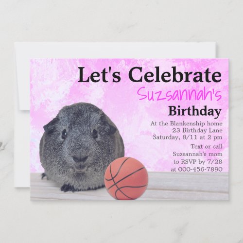 Cute Gray Guinea Pig Basketball Custom Party Invit Invitation