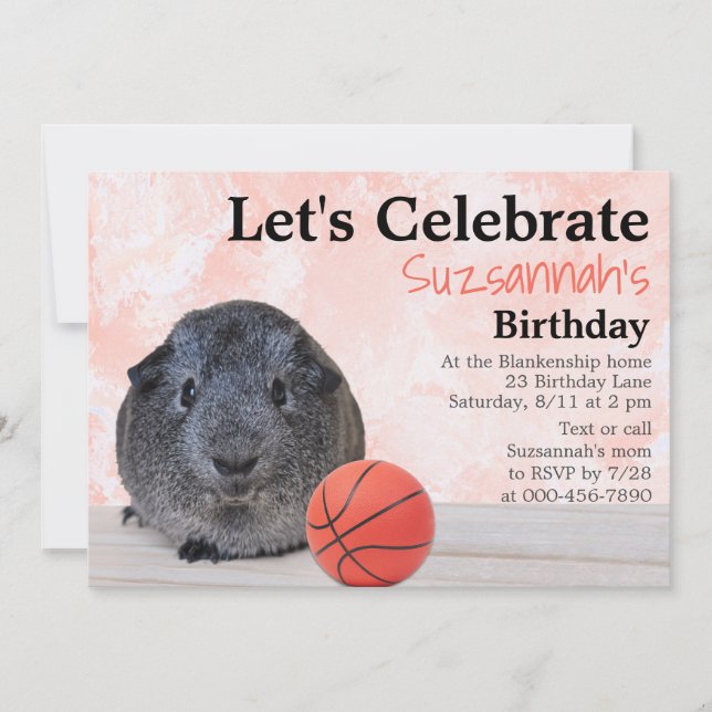 Cute Gray Guinea Pig Basketball Custom Party Invitation (Front)