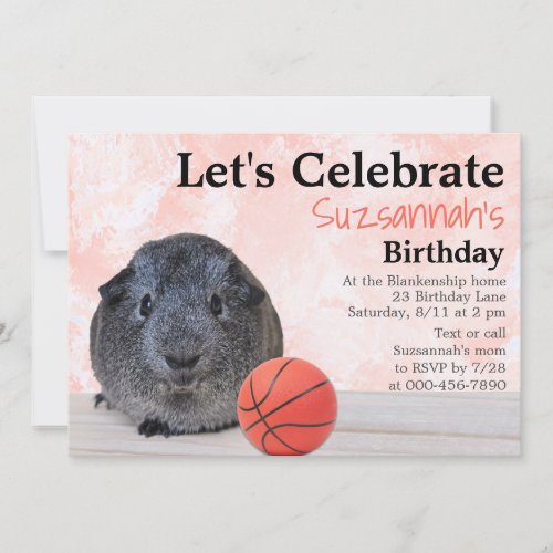 Cute Gray Guinea Pig Basketball Custom Party Invitation