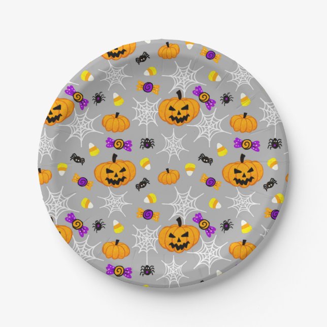 Cute Gray Halloween Pattern Paper Plates (Front)