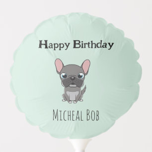 Cute gray happy birthday custom name pug dog blue balloon