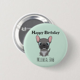 Cute gray happy birthday custom name pug dog blue button