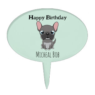 Cute gray happy birthday custom name pug dog blue cake topper