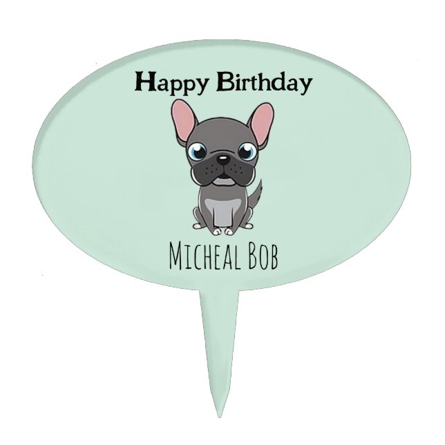 Cute gray happy birthday custom name pug dog blue cake topper (Front)