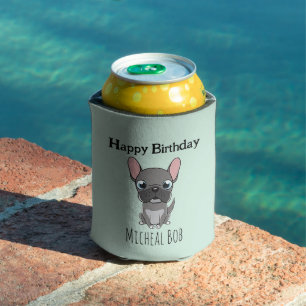 Cute gray happy birthday custom name pug dog blue can cooler