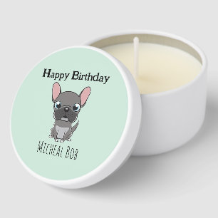 Cute gray happy birthday custom name pug dog blue mini candle favors