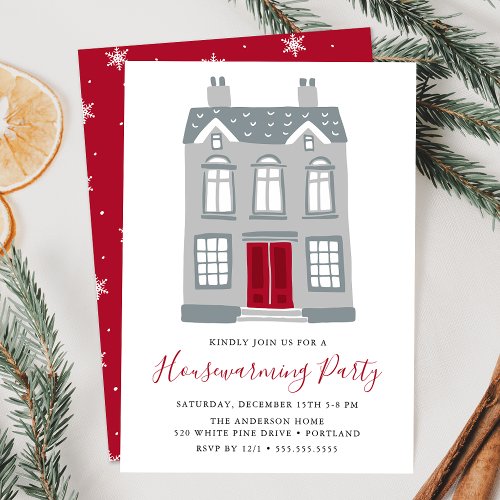 Cute Gray House With Red Door Holiday Housewarming Invitation