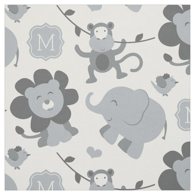 Cute Gray Jungle Animals Baby Monogram Fabric (Swatch)