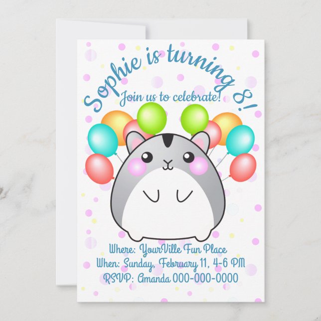 Cute Gray Kawaii Hamster Birthday Invitation (Front)